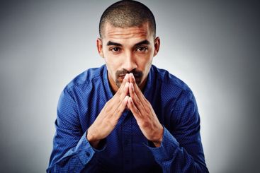 Hands together, portrait and thinking with business man...