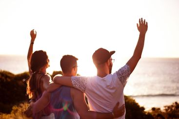 Celebration, beach and friends on holiday, view and...