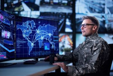 Air Reconnaissance Technology On Computer. World Map Data