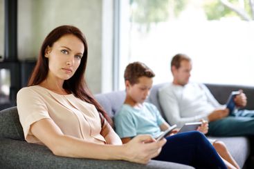 Home, parents and child with technology for social...