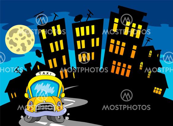 City silhouette with taxi and Moon