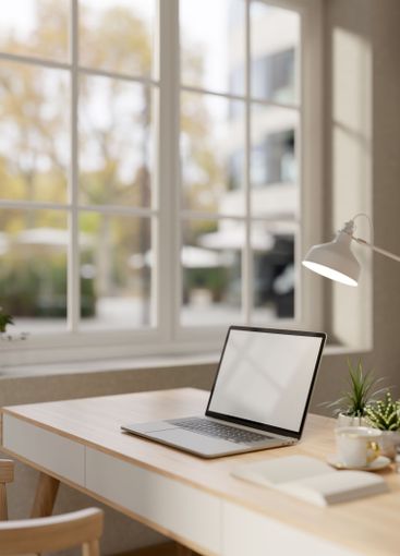 A contemporary, minimalist white home office features a...