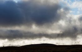 Distant reindeer walking on hill under clouds