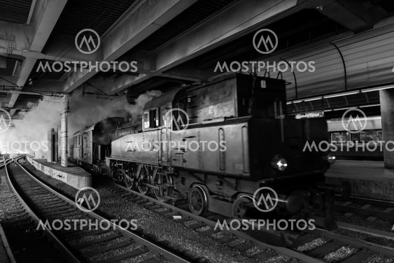 Old vintage steam train arriving at Stockholm cental...