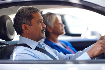 Driving, road trip and senior couple with journey,...