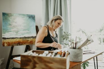 Paint brush, workshop or woman at creative sketch, home...