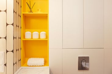 Close-up of stylish shelves in the bathroom. A bright...