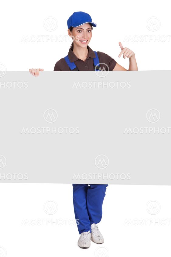 Smiling Female Plumber Holding Placard