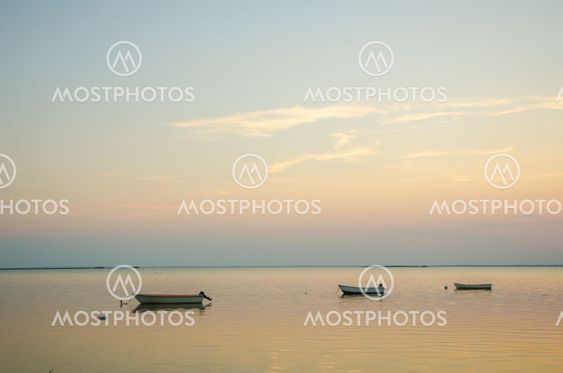 Anchored rowing boats at twilight