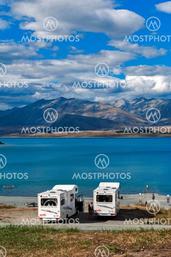 Tekapo, New Zealand - February 2016: Motorhome parking by lakeside at Lake Tekapo, South Island of New Zealand