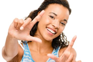 Portrait, finger and frame with woman, joy and happiness...