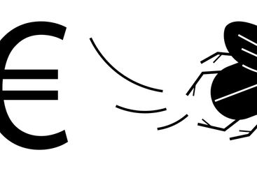 Euro symbol with flying insect and decorative leaf...