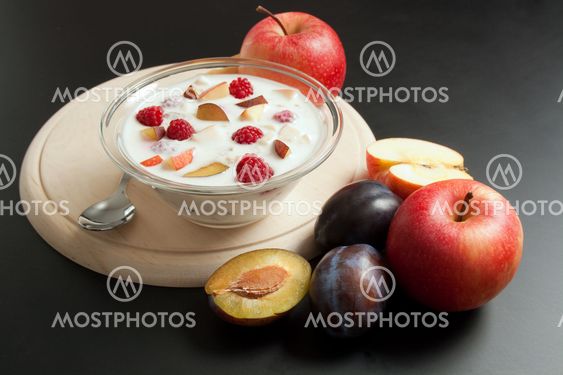 Yogurt mixed with fruit pieces