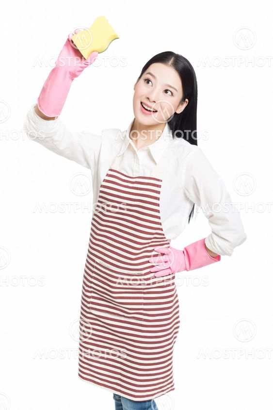 young woman cleaning on white