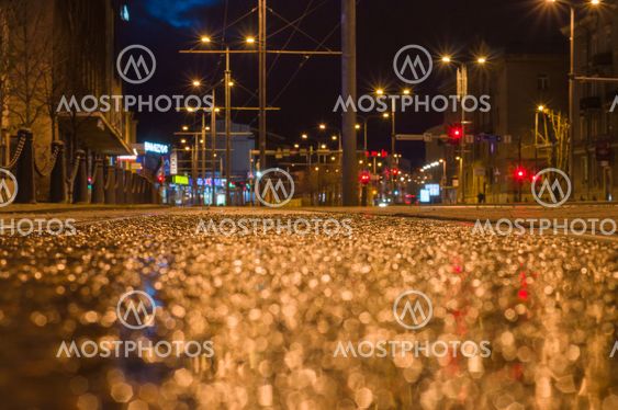 Tram line rails by night