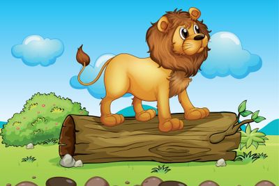 A lion standing above a trunk of a tree