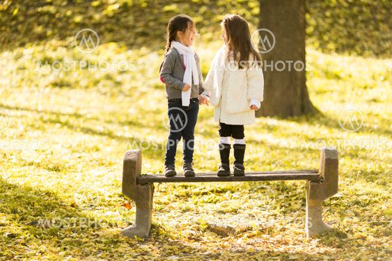 Two little girls at the autumn park