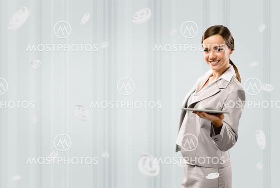 attractive business woman holding a table