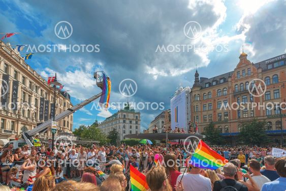 Pride parade in Stockholm and the parade going thru...