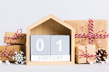 1 january. Christmas composition on colored background...