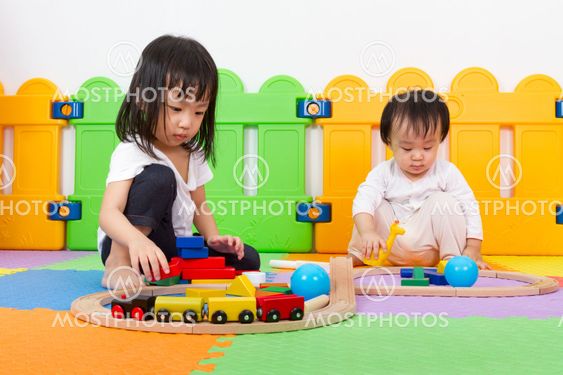 Asian Chinese childrens playing with blocks