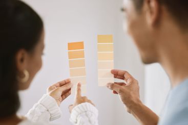 Couple, home and color palette for planning for interior...
