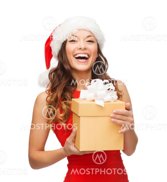 smiling woman in santa helper hat with gift box
