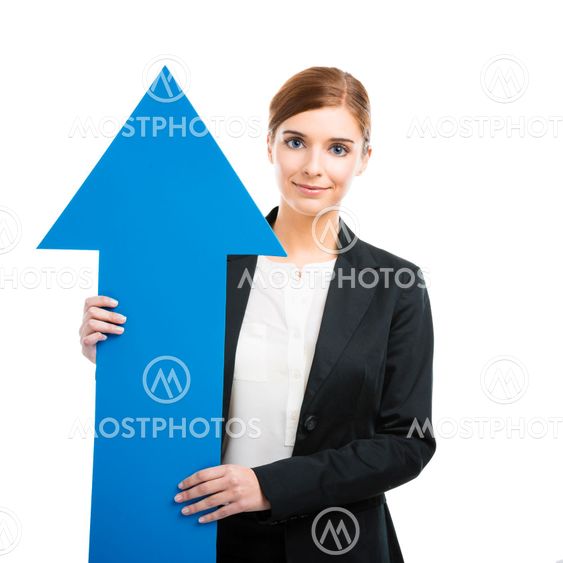 Business woman holding a blue arrow