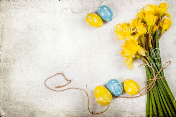 Easter background with painted eggs and blooming daffodils