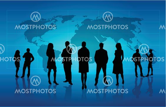 silhouettes of people standing in front of world map