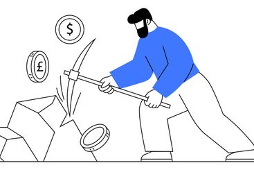 Man Mining Currency Coins from Rocks with Pickaxe and...