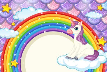 Rainbow frame with cute unicorn on colourful fish scales...