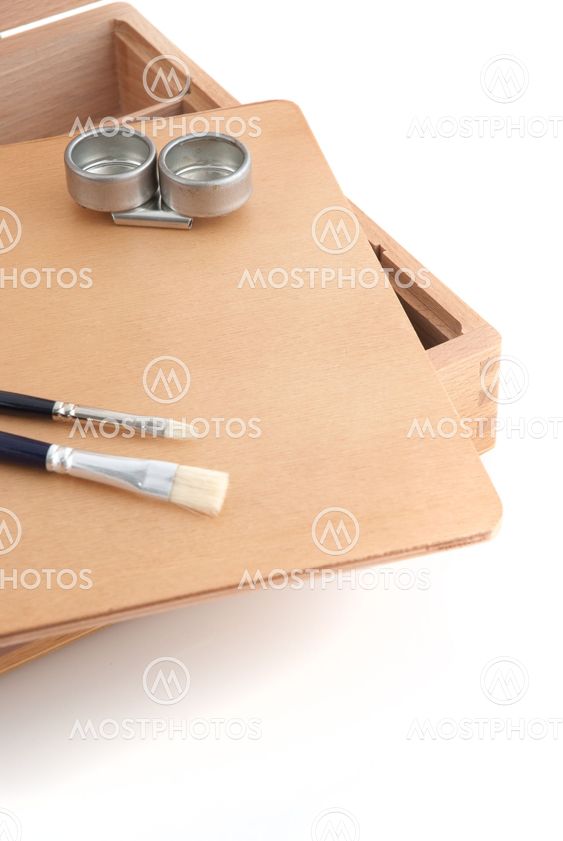 Wooden painter case with brushes