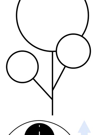 Abstract tree with circular branches above an eye-clock...