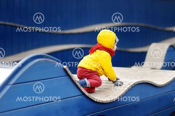 Cute little boy having fun on outdoor playground