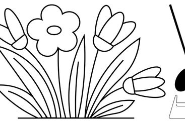 Spring Bloom with Water Droplet - Line Art of Flowers in...