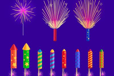 Colourful Firework Rockets on Blue Background