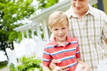 Garden, hug and smile of father with son outdoor...