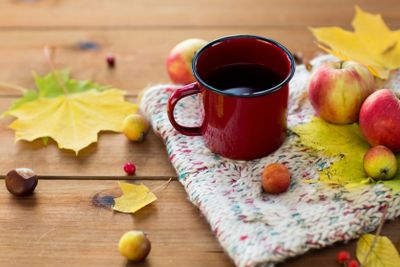 close up of tea cup on table with autumn leaves
