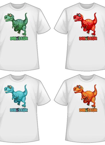 Set of different colour dinosaur screen on t-shirts