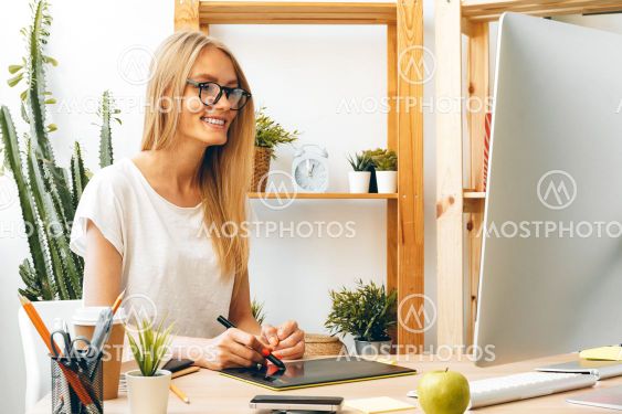 Young woman and tablet working at home office. Stay safe...