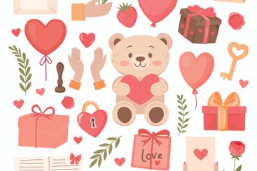 Flat Cartoon Vector Romantic Valentines Day Clipart Set....
