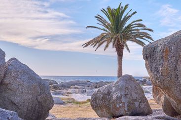 Rocks, sand and beach coast for freedom, holiday trip...
