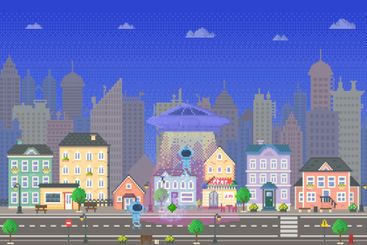 Alien Encounter in Colourful City Street with Pixel Art