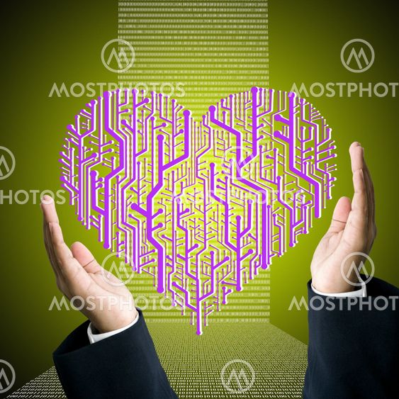 Business hand carry the circuit board in heart shape with digit background