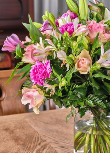 Bouquet, flowers and decor in home, colorful and...