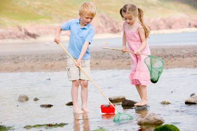 Brother and sister at beach with nets and pail