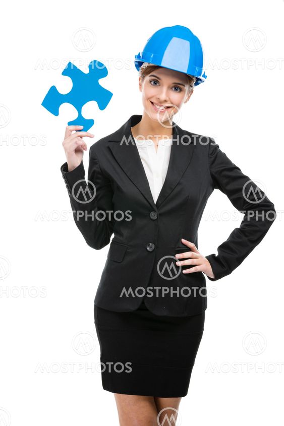Female engineer with a puzzle piece