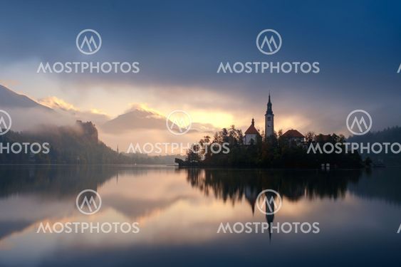 Amazing sunrise at the lake Bled in autumn, Slovenia,...