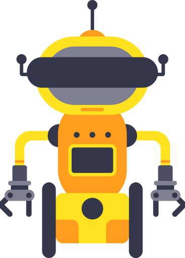 Friendly yellow robot is standing on wheels, with its...
